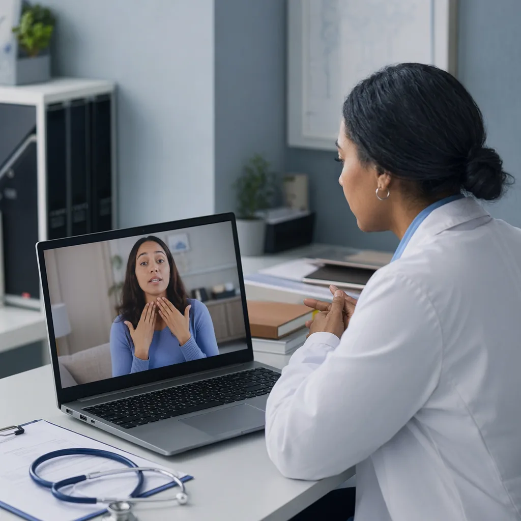 A clinician speaking with a patient during a remote consultation